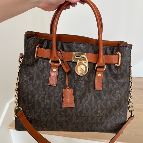 Michael Kors Hamilton Brown Leather Monogram Logo Satchel - Picture 2 of 4